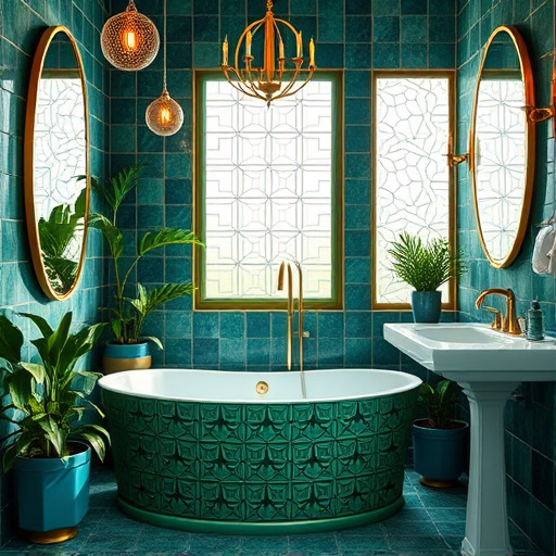 Alt text: A captivating blog cover image featuring an array of sleek and modern bathroom tile patterns, showcasing geometrical shapes, bold designs, and soothing color gradients. The stylish tiles reflect light subtly, creating depth and dimension in a chic bathroom setting. The image includes whimsical details like vibrant succulents in quirky plant pots, decorative soap dispensers with intricate designs, and a soft towel draped on a sleek shelf, adding a personal touch. The serene background depicts a well-lit bathroom with large windows, allowing natural light to cast gentle shadows on the polished tiles. The composition, rendered in a Social Realism art style, uses a calming color palette of whites, soft blues, and earthy greens, promoting a spa-like atmosphere with modern sophistication, inspiring viewers to explore contemporary bathroom design.