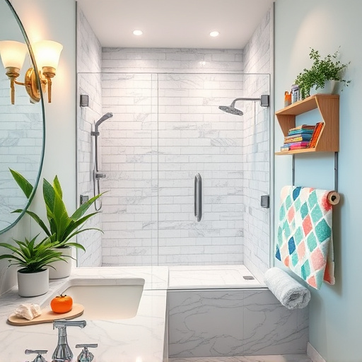 Alt Text: A beautifully restored historic bathroom featuring a clawfoot bathtub with polished brass fixtures, surrounded by potted ferns and glass apothecary jars filled with colorful bath salts. The walls are adorned with rich, textured wallpaper in soft pastels, and the floor showcases a stunning mosaic tile design. Soft, diffused light filters through a frosted window, illuminating a serene atmosphere enhanced by quirky details like a whimsical rubber duck and framed old photographs. A vintage ladder displays plush towels, while a lush garden view through the window adds natural beauty. The color palette includes soft whites, muted greens, and warm brass accents, creating a nostalgic and inviting space perfect for a blog about historic bathroom restorations.