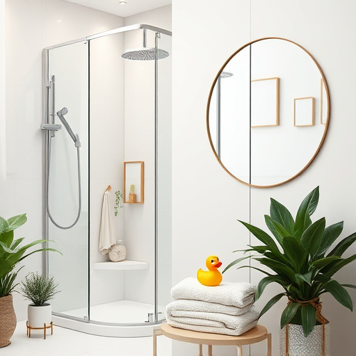 A beautifully designed bathroom interior depicting a moment of transformation, symbolizing rejuvenation and change. The focal point is a modern bathtub with sleek, curving lines, overflowing with vibrant, colorful flowers that represent new life. Surrounding the tub, iridescent blue and green mosaic tiles on the wall evoke a sense of water's serenity and refreshment. An oversized showerhead resembling a playful cloud showers gentle droplets that transform into sparkling diamonds upon hitting the tub's surface.
In the corner, a retro-style sink with golden accents exudes comfort and luxury, flanked by lush, thriving plants that create a mini-garden effect. A sun-shaped wall mirror radiates outward, reflecting light and warmth and emphasizing renewal. The overall mood is uplifting and serene, reminiscent of a spa retreat, blending modern aesthetics with nature's beauty for a peaceful sanctuary.
Playful details, such as a brightly colored rubber duck with stylish sunglasses resting on the tub's edge and a quirky fish-shaped ceramic soap dispenser, add whimsy to the tranquil atmosphere. Ethereal clouds softly painted in lavender and gentle pink hues enhance the dreamlike quality of the space. This bathroom combines calming pastels with bold accents to inspire thoughts of renovation, relaxation, and personal touches in daily rituals, representing a unique twist on bathroom remodel upgrades.
