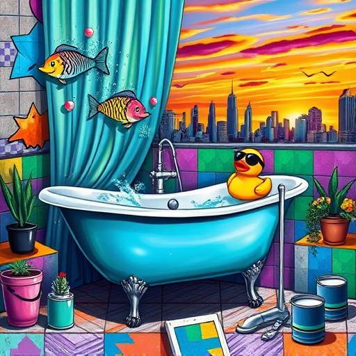 Alt text: "Art Nouveau cover image for a blog on affordable bathroom remodels in Georgetown, Kentucky, featuring an elegant and cozy bathroom illuminated by natural light through a large frosted window. The room showcases delicate stained glass with floral motifs and elegant brass-accented fixtures, including a vintage claw-foot bathtub and an ornate sink, surrounded by lush greenery with potted ferns and vibrant flowers. A whimsical rubber duck with a tiny paper crown floats in the bathtub, while a mosaic tile floor of soft blues, greens, and creams complements the natural ambiance. In the background, a glimpse of Georgetown's historic architecture can be seen through the window, framed by the rich greens and soft browns of the Kentucky landscape, embodying the essence of affordable luxury and home improvement inspiration."