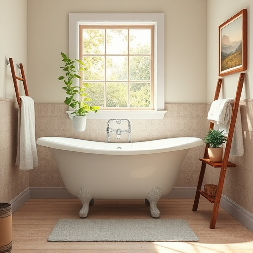 Alt text: A stylish and modern bathroom remodel showcasing sleek lines and geometric shapes inspired by Bauhaus art. The image features a minimalist freestanding bathtub and a spacious vanity in bold colors like sunny yellow and vibrant teal, set against neutral tones. Quirky details include a small potted plant wearing a comical oversized bathroom accessory hat and whimsical bathroom tiles arranged in classic Bauhaus patterns. Natural light streams through frosted windows, illuminating the textured walls and creating intriguing shadows. The composition blends functionality and charm, providing inspiration for homeowners looking to transform their bathrooms. The color palette harmonizes soft blues, crisp whites, and bright accents for a fresh and sophisticated vibe.