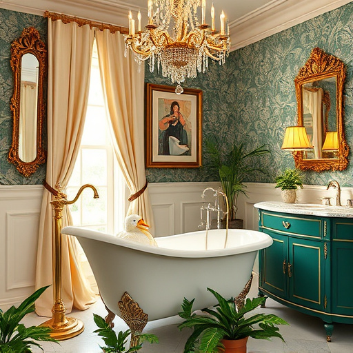 Alt text: A beautifully renovated bathroom in Richmond, Kentucky, featuring a freestanding vintage bathtub surrounded by lush potted plants, a sleek double vanity with rich wooden finishes, and stylish artisanal tiles that highlight local craftsmanship. The walls are adorned with shimmering waterproof wallpaper in soft greens and warm neutrals, creating a serene atmosphere complemented by a whimsical shower curtain with colorful retro patterns. Quirky details such as handmade ceramic animal-shaped soap dispensers and a cat lounging on a fluffy bath mat add charm to the sophisticated design. A large frosted window allows soft, diffused sunlight to illuminate the space, revealing a view of rolling green hills and wildflowers outside, enhancing the tranquil ambiance. The overall color palette features soothing earth tones and pastel splashes, reflecting comfort and peace in a well-designed bathroom, while the art style of Social Realism showcases the authentic beauty of everyday life.