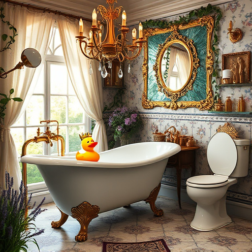 Alt Text: A serene Art Nouveau inspired bathroom in Georgetown, Kentucky, featuring a clawfoot bathtub with intricate floral patterns and gold accents. Surrounding the tub, lush greenery with gentle swirls of vines creates a tranquil oasis. The soft color palette includes sage green, pale blue, and warm cream, promoting relaxation. Elegant background tiles display a mix of geometric and organic patterns characteristic of the Art Nouveau movement, complemented by a vintage window allowing dappled sunlight. A stylish sink with ornate fixtures and a beautifully framed mirror reflect the intricate details. A whimsical rubber duck and decorative candles shaped like bath accessories add playful charm, while a small Kentucky bluegrass plant on a shelf ties in local flavor, showcasing the fusion of modern aesthetics with regional character. This illustration embodies warmth and creativity, inviting exploration into stylish renovations.