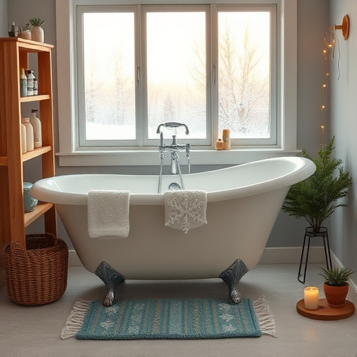 A hyperrealistic image of a beautifully designed bathroom in Winchester, Kentucky, merges traditional Southern charm with contemporary aesthetics. The focal point is an elegant clawfoot tub with vintage fixtures, surrounded by lush houseplants that add a touch of nature. The pastel-tiled floor transitions from light gray to soothing lavender, complementing the warm, creamy beige walls adorned with intricate wainscoting. Natural light floods in through a large window, offering a picturesque view of the Kentucky countryside with rolling hills and wildflowers. Unique details include a rustic wooden ladder repurposed as a towel rack and local artwork featuring Winchester landmarks like the Clark County Courthouse. A playful rubber duck atop the tub adds whimsy. The overall color palette of muted greens, gentle lavender, and warm creams harmonizes to create a serene atmosphere. Vintage mirrors and artisan soaps on floating wooden shelves highlight local craftsmanship and innovative design trends.