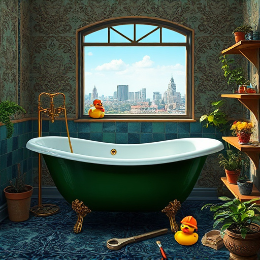 Alt Text: A partially renovated bathroom showcases a contrast between an outdated, peeling wall and a modern design with sleek tiles and stylish fixtures. A rustic wooden ladder supports colorful paint cans and tools, illustrating the chaos of a remodeling project. A rubber duck wearing oversized safety goggles, holding a tiny paintbrush, adds a playful touch near the bathtub. A vibrant shower curtain and a small potted plant enhance the scene's personality, while scattered tools and an open laptop displaying blueprints emphasize the planning involved in the remodel. Bright, warm sunlight filters through a frosted glass window, illuminating the space and creating a sense of transformation and urgency in this emergency bathroom remodeling theme.