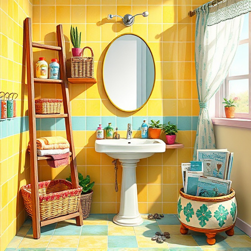 Alt text: "Vibrant PopArt cover image depicting a sleek walk-in shower installation in La Grange, Kentucky, showcasing modern fixtures like a rain showerhead and minimalist glass panels for a luxurious look. Surrounding the shower, a cheerful mosaic of teal, sunshine yellow, and coral tiles creates a welcoming ambiance. Playful elements include a rubber duck in a soap dish and a whimsical shower caddy overflowing with colorful bottles named 'Sparkle Suds' and 'Zen Mist.' The background features a cartoonish outline of La Grange's iconic architecture, enhancing the local connection. The light and airy environment is accentuated by abstract wavy lines suggesting soothing water flow, while a vibrant color palette of rich aquamarines, lively yellows, and soft pinks captures the excitement of bathroom renovation."