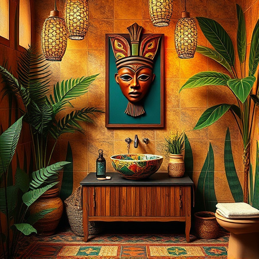 Alt Text: A stunning Art Deco-inspired bathroom scene featuring an elegantly designed bathtub with geometric patterns, surrounded by lush greenery in stylish planters. The walls are adorned with jewel-toned tiles in emerald greens, deep blues, and shimmering gold accents, conveying luxury. Vintage-style mirrors reflect intricate textures, while elegant chandelier-like lighting fixtures create a warm ambiance. Unique details include whimsical fish-shaped soap dispensers and a wave-shaped towel rack. A sleek, modern sink complements the design's geometric lines. A frosted glass window filters soft sunlight, enhancing the serene atmosphere. The scene showcases bold lines and rich textures of Art Deco, with subtle elements like a gilded tape measure and a polished calculator hinting at remodeling costs, inspiring viewers to envision their own bathroom remodeling projects.