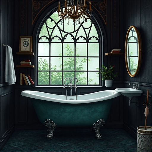 Alt Text: A luxurious bathroom in Shelbyville, Kentucky, featuring ornate Baroque-style fixtures including gold faucets and a clawfoot bathtub. The space is adorned with cascading drapes in soft cream and pearl colors, detailed moldings, and lavish mirrors reflecting flickering candlelight. A whimsical porcelain duck with a golden crown adds a quirky touch, while a vintage chandelier with crystals illuminates the room. Lush green plants in crafted pots surround the deep emerald vanity, accented with gold. The intricate floral wallpaper and a framed whimsical painting evoke a serene atmosphere, showcasing a sophisticated yet inviting bathroom with a color palette of soft creams, deep greens, and hints of gold.