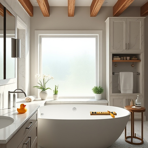 A modern family bathroom showcasing a sleek design with geometric shapes influenced by Bauhaus art. The space features rich teal, soft beige, and sunny yellow accents creating a lively atmosphere. A spacious bathtub filled with fluffy bath bombs sits alongside a stylish sink adorned with vibrant potted plants. Open shelving displays neatly arranged bathroom products, including a quirky rubber duck and abstract artwork on the wall. The elegant hexagonal tile floor guides the eye, while a large window allows natural light to flood in, enhancing the room's simplicity and functionality. The inviting tone is emphasized by a cozy bath mat, light streaming through gauzy curtains, and playful bath accessories, reflecting warmth and creativity. The image embodies the theme of "Family Bathroom Renovation Success Stories," illustrating comfort and happiness in transformed spaces, inspiring viewers to envision their dream bathroom.