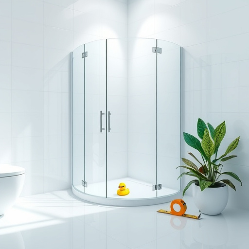 A modern bathroom scene featuring a central glass shower enclosure, showcasing its elegant transparency. Surrounding the enclosure are glossy white tiles that reflect light, creating a clean and inviting atmosphere. Soft ambient lighting enhances the serene vibe, casting gentle shadows on the walls. Playful elements include animated water droplets bouncing off the glass and a quirky rubber duck peeking out from inside the enclosure, adding comfort and fun. The background displays a subtle pastel gradient in soft blues and greens, reminiscent of a spa, complemented by lush greenery such as ferns and peace lilies in chic planters. DIY tools, like a smooth level and tape measure, rest against a nearby wall, hinting at the installation process. The overall composition exudes tranquility and sophistication, encouraging viewers to imagine their own bathroom oasis while maintaining a fresh, conceptual art style.