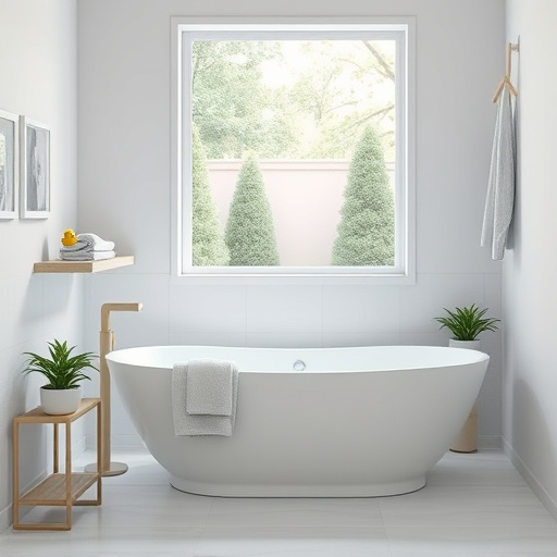 Cozy bathroom scene featuring a rustic wooden vanity decorated with vibrant autumn leaves, various sizes of pumpkins, and several glowing scented candles. Above the vanity, a large vintage-style mirror reflects a whimsical garland of twinkling fairy lights intertwined with faux maple leaves in shades of orange, gold, and deep red. To the right, a soft textured rug in earth tones complements the decor, while a wooden ladder holds oversized fluffy towels in burnt sienna and ochre. The atmosphere is calm and inviting, with a plush mat for post-shower comfort. Quirky details include a tiny ceramic squirrel beside a soap dispenser and an oversized mug filled with acorns on a window sill alongside a bouquet of dried flowers. A frosted window displays silhouettes of falling leaves, hinting at autumn outside, while soft morning light casts a warm golden hue throughout the room, enhancing the rich color palette. The scene, inspired by Social Realism, portrays detailed textures and materials, creating a welcoming ambiance for fall-inspired bathroom decor upgrades.