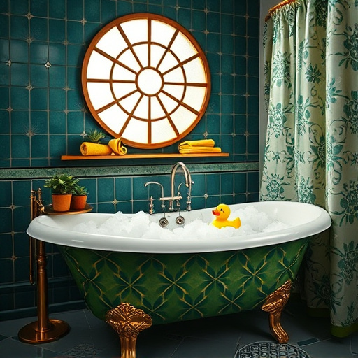 Alt text: A vibrant PopArt cover image depicting regional bathroom design trends for Richmond, Kentucky. The centerpiece is an oversized deep blue clawfoot tub in a stylish bathroom that blends rustic and modern elements. Colorful tiles with intricate patterns characteristic of the region decorate the walls, complemented by shining vintage brass fixtures against mint green wallpaper, creating a fresh and warm ambiance. A humorous touch is added with a playful rubber duck wearing a cowboy hat on the tub’s edge. To the right, a small potted fern and an array of bath products with bold, graphic labels enhance the playful vibe. The scene is illuminated by sunny afternoon light, casting cheerful shadows and promoting a relaxed atmosphere. Framed vintage Kentucky maps and colorful art prints adorn the walls, highlighting regional influences in the bathroom design. The cheerful color palette features saturated yellows, deep blues, and fresh greens, reflecting the lively spirit of Richmond and inviting viewers to explore innovative and joyful bathroom trends.