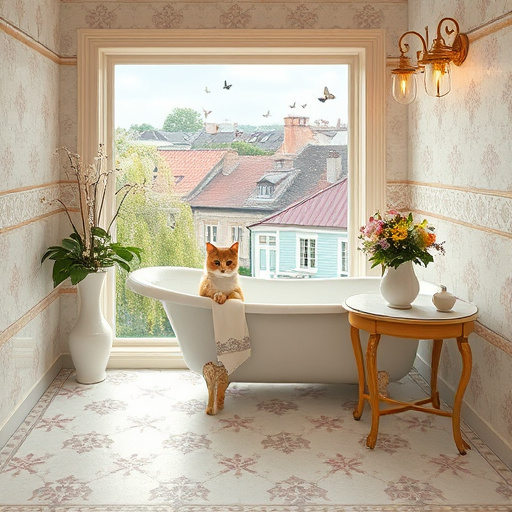 Alt Text: A Rococo-inspired bathroom showcasing exquisite tile installation services in Paris, Kentucky. The scene features floral-patterned tiles in soft pastels of mint green, lavender, and buttery yellow adorning the walls and floor, highlighting superior craftsmanship. Delicate porcelain vases filled with vibrant wildflowers sit atop a vintage marble countertop, while a curious cat peeks from behind the bathtub, blending with the warm tones of the tiles. Playful mosaic tiles are scattered on a nearby worktable, hinting at ongoing installation. Surrounding this inviting space, a softly lit window frames a view of blooming gardens and quaint rooftops, complemented by gently swaying willows and butterflies, evoking tranquility and charm. The composition is enriched with ornate borders and extravagant light fixtures casting a warm glow, embodying warmth, creativity, and the local essence of Paris, Kentucky.