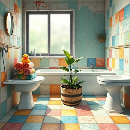 Alt Text: An elegant bathroom showcasing a luxurious custom design in Georgetown, Kentucky, featuring a large freestanding clawfoot bathtub with gold accents, surrounded by cascading potted ferns. Soft ambient light filters through an arched window with delicate sheer curtains, illuminating a patterned tiled floor. The walls are a soothing sage green with ornate detailing. A vintage wooden vanity with a polished marble top displays unique glass bath products, while pastel-colored towels are neatly rolled nearby. An ornate mirror reflects soft light, enhancing the sense of space. Quirky elements like a rubber ducky wearing a golden crown and a vintage clock add charm. The image captures a tranquil and sophisticated atmosphere, inviting readers to envision their custom bathroom oasis, with rich textures and a calming color palette of earth tones, muted greens, and whites.