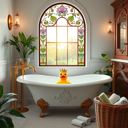 A charming bathroom scene in Frankfort, Kentucky, featuring a vintage-inspired design. Prominently displayed is an elegant clawfoot bathtub adorned with intricate floral designs and a beautifully crafted ornate sink with a stylish faucet. The color scheme includes subtle accents of seafoam green and soft lavender, creating a refined and inviting atmosphere. Whimsical elements such as playful gnomes peeking from behind the bathtub and a quirky rubber duck resting on the faucet introduce a lighthearted touch. Decorative geometric tiles and a stunning mosaic backsplash reflect the Arts and Crafts Movement. Lush greenery frames the scene, and a small window allows warm, golden light to cast gentle shadows across the tiles, while the silhouette of the Frankfort skyline is subtly visible outside. The background showcases artisan tools and hand-carved wooden panels, emphasizing the craftsmanship involved. The overall color palette features warm earth tones and delicate pastels, fostering a sense of calm and creativity, aligning with the theme of professional bathroom contracting.
