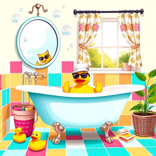 A vibrant PopArt cover image for a blog titled "Top Bathroom Remodeling Companies in Bardstown, Kentucky." The image features a whimsical bathroom scene with a chic clawfoot tub in bold colors like turquoise, bright yellow, and fuchsia. Surrounding the tub are eccentric fixtures, including an oversized retro mirror reflecting playful patterns. Quirky elements such as cartoon-style rubber ducks wearing sunglasses and sun hats add a comedic touch. The walls display exaggerated retro tiles in a colorful patchwork, enhancing the cheerful ambiance. Bright bubbles in various vivid colors float above the tub, creating a lighthearted atmosphere. A playful cat peeks from a stylish storage basket filled with colorful towels, embodying a cozy yet cheerful environment. A charming farmhouse window, framed with flowery curtains, allows sun rays to illuminate the room. Potted plants with oversized leaves add a touch of nature, reinforcing the inviting atmosphere. The lively tone and bright colors promote creativity and inspiration, making the image appealing to homeowners interested in innovative bathroom remodeling ideas.