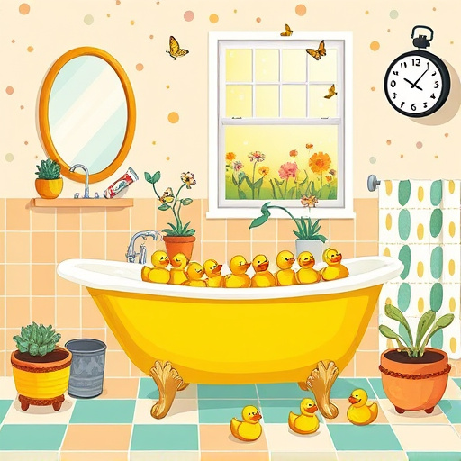 A hyperrealistic image of a luxurious bathroom remodel, featuring a freestanding bathtub filled with delicate bubbles that catch soft sunlight from a frosted window surrounded by lush green plants. The elegant tub sits on polished marble tiles in varying shades of white and grey, creating a serene atmosphere. Next to it is a sleek vanity with gleaming faucets and a large mirror, enhancing the luxurious feel of the space. Decorative candles and a potted succulent add playful elements, while a cheerful rubber duck perches on the tub's edge. Fluffy towels in pastel colors are neatly folded nearby, contributing to a lighthearted ambiance. A plush bath mat with a subtle geometric pattern anchors the scene, integrating comfort. The background suggests an airy design with gentle shadows, promoting a sense of freedom and serenity, perfect for relaxation. The color palette features soft whites, muted greens, and warm neutrals, encapsulating a spa-like sanctuary that inspires viewers considering their own bathroom upgrades.