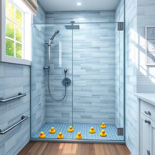A beautifully designed modern bathroom serves as the focal point, showcasing a freestanding bathtub, an elegant double vanity, and a chic walk-in shower. The space is adorned with shimmering glass tiles that reflect soft light, complementing the vibrant teal and warm beige décor which creates a calming atmosphere. Soft ambient lighting casts gentle shadows, enhancing the elegant curves of the fixtures. Quirky details include a whimsical rubber duck atop the bathtub surrounded by lush greenery in decorative pots, adding a playful element. An artistic arrangement of rolled towels is neatly placed on the vanity, and a colorful abstract-patterned shower curtain hangs in the background, seamlessly integrating with the overall design. The background features a soft gradient transitioning from sky blue to sandy beige, evoking a serene beach setting. This image radiates a peaceful yet inviting mood, perfect for inspiring readers about full-service bathroom remodeling.