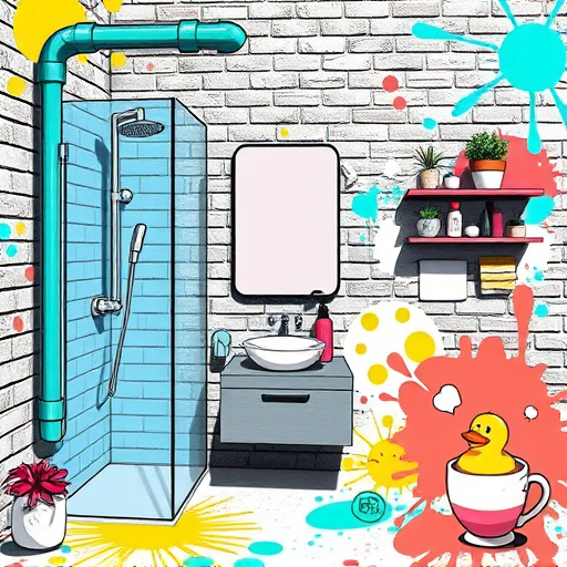 Alt Text: A vibrant expressionist scene depicting a dynamic bathroom remodeling workshop filled with tools and materials. The focal point is a beautifully designed bathtub in bright yellows and deep blues, embodying freshness and relaxation. Surrounding the tub, whimsical tiles showcase playful patterns that reflect light, adding warmth to the atmosphere. Oversized paintbrushes dance around the space, symbolizing creativity in the remodeling process. The mood is playful and inspiring, inviting viewers into a transformed personal haven. The background features abstract plant life intertwined with sleek plumbing fixtures, emphasizing natural elegance. Walls are adorned with vibrant color strokes illustrating an artistic vision for a dream bathroom. Soft lighting casts a warm glow on the scene, while contrasting colors evoke excitement and energy, creating a textured canvas appearance. This captivating composition balances sophistication with eclectic charm, representing bathroom remodeling companies with flair and personality.