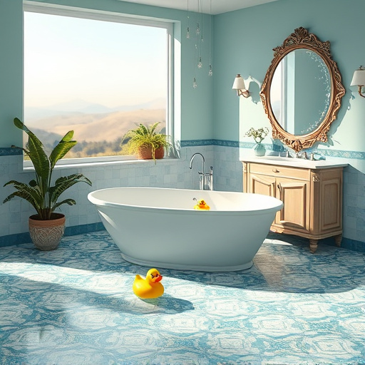 Alt Text: An Impressionist cover image depicting a beautifully transformed bathroom for a blog about local bathroom renovation packages in Bardstown, Kentucky. The scene features a vintage clawfoot bathtub and a sleek modern sink, surrounded by light floral-patterned walls that evoke freshness. Soft, natural light filters through frosted glass windows, creating a serene ambiance with gentle shadows. A handmade wooden vanity adds rustic charm, complemented by a lush plant in the corner and a woven basket filled with plush towels, suggesting tranquility. Subtle hints of Bardstown are present, including traditional Kentucky architecture and local crafts on a shelf. The color palette of soft pastels and earthy tones conveys a calm and welcoming atmosphere. Whimsical elements like a tiny rubber duck on the bathtub's edge and an ornate mirror reflecting light add playful personality, inviting readers to envision their dream bathroom and explore local renovations.