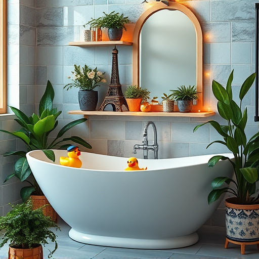 Alt text: "Art Deco-inspired bathroom scene featuring a vintage bathtub overflowing with fluffy bubbles, surrounded by an ornate sink decorated with succulents and rolled colorful towels. The background showcases deep teal and gold tiles, enhanced by a large sunburst mirror reflecting soft light from a floral-patterned frosted glass window. A mischievous rubber duck in a top hat floats in the tub, adding a playful touch. Vintage bathroom accessories, including an elegant soap dispenser and patterned shower curtain, contribute to a luxurious yet whimsical atmosphere. The color palette combines deep emerald greens, warm golds, and crisp whites, emphasizing a serene and refined setting suitable for a blog on bathroom renovation considerations."