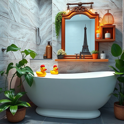 A vibrant digital artwork depicting a stylish bathroom designed by professional contractors in Paris, Kentucky. The scene features a sleek, freestanding bathtub surrounded by lush green plants and decorative accents that combine modern elegance with rustic charm. Chic tiles and a vintage-style mirror enhance the warmth, while a small Eiffel Tower replica is subtly included in the background, highlighting the theme of Paris. Whimsical details such as rubber ducks with tiny berets on the tub's edge and glowing fairy lights around the mirror create a cozy atmosphere. The soothing color palette includes soft blues, warm neutrals, and hints of green, inviting viewers into the tranquil space. Intricate plumbing tools are playfully integrated among the plants, showcasing the contractors' expertise. The overall aesthetic captures a blend of professionalism and playful charm, emphasizing creativity in bathroom renovations.