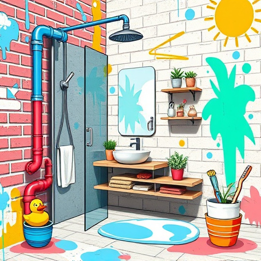 A vibrant and colorful bathroom scene depicting the installation of intricate tiles, showcasing a mosaic of geometric designs inspired by vintage Kentucky motifs, floral overlays, and earthy tones. The foreground features whimsical design tools such as a colorful tile cutter and playful paintbrushes, with grout swirling around the tiles. Soft, blurred illustrations of the Eminence landscape, including green hills and barn silhouettes, create a balanced backdrop. Bright, natural light illuminates the textures of the tiles, enhancing the warm, inviting ambiance. A quirky detail of an illustrated cat playfully pawing at a loose tile adds charm, while the Neo-Expressionism color palette bursts with vivid blues, greens, and earthy tones, conveying excitement and creativity in the bathroom renovation process. The scene captures the artistry of tile installation, encouraging viewers to see their bathrooms as canvases for personal expression.