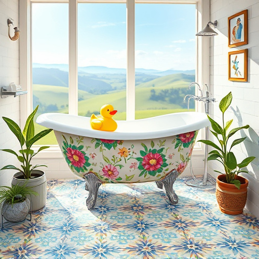 Alt text: A vibrant PopArt blog cover image centered on the theme "Trusted Bathroom Contractor in Simpsonville, Kentucky." The artwork features an abstract, stylish bathroom with colorful tiles, a sparkling bathtub, and playful fixtures, all illustrated with bold outlines and exaggerated proportions. Bright splashes of blue, yellow, and green create a playful yet professional atmosphere. Whimsical elements like soap bubbles from a quirky bottle and a rubber ducky on the tub add lightheartedness. The background showcases a collage of Simpsonville's landmarks, such as stylized local parks and the iconic water tower, rendered in vivid hues. Surrounding the main scene are graphic elements like paintbrushes, tools, and colorful architecture sketches, framing the composition while enhancing the themes of expertise and creativity in bathroom renovations.