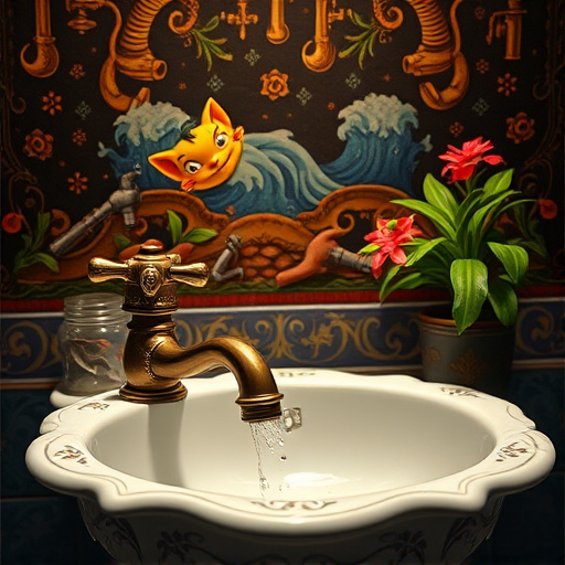 A grand bathroom scene inspired by Renaissance art serves as the blog cover image for "Fixing Leaky Bathroom Faucets." The foreground features an ornate, vintage porcelain sink adorned with intricate patterns, with water droplets glistening as they trickle from a slightly opened faucet, emphasizing the theme of leaks. Surrounding the sink, a curated collection of finely detailed DIY tools, including wrenches and pliers, hints at the repair process. A playful yet professional tone is set by a whimsical, cartoonish water sprite peeking from behind a jar of soap, adding a touch of mischief to the scene. The background showcases a rich tapestry woven with water and plumbing motifs, reinforcing the theme of water in a regal fashion. Soft, warm lighting enhances the Renaissance aesthetic, while lush green plants in decorative pots symbolize vitality and home maintenance care. The color palette features deep blues and rich earth tones, harmonizing with the serene mood of the image, while delicate floral patterns frame the scene, adding elegance. Gleaming brass fixtures capture light, inviting viewers into a captivating world of home repairs with charm and professionalism.
