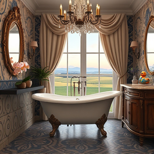 Minimalistic blog cover image featuring a serene bathroom space outline. Central elements include a sleek bathtub, a compact vanity, and floating shelves with small potted plants and neatly arranged towels. The color palette uses soft pastels like mint green, light gray, and beige, creating a calm, inviting mood. Quirky details include a whimsical shower curtain with tiny fish and geometric patterns. A vintage-style faucet adds playful elegance against the uncluttered background. Light streams through frosted glass windows, casting gentle shadows on the tiled floor, enhancing the theme of a chic, budget-friendly bathroom remodel. The design emphasizes clean lines and simplicity, encouraging viewers to envision their own stylish transformations.