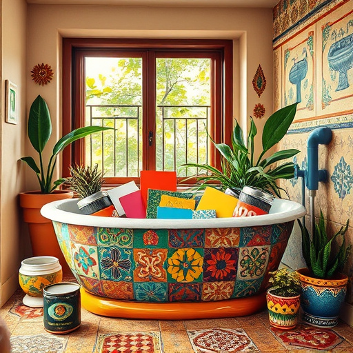 Photorealistic image of a vibrant bathroom renovation, highlighting a luxurious tiled shower area with glass doors, surrounded by elegant marble countertops featuring chic accessories. Colorful, quirky soaps and plush towels beside the sink add a playful element. The scene conveys a professional yet warm mood, with soft ambient lighting from stylish sconces casting a serene glow over calming blues and whites. Whimsical plant arrangements enhance the tranquil atmosphere, while a roll of vintage geometric wallpaper offers a unique twist. A charming wooden shelf displays DIY tools and colorful samples, showcasing craftsmanship and personalized service. The image emphasizes functionality and elegance, inviting viewers to envision their dream bathroom in Danville, Kentucky, amidst rich textures and a soothing pastel color palette.
