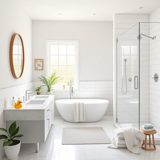 A serene and inviting bathroom setting epitomizing modern elegance, representative of top bathroom remodeling companies in Harrodsburg, Kentucky. The scene showcases a beautifully designed space featuring a freestanding soaking tub, dual-sink vanity with polished marble countertops, and a stylish glass shower enclosure. Soft pastel tiles adorn the walls, complemented by potted plants like ferns and succulents, enhancing the fresh atmosphere. Whimsical elements include a rubber duck floating in the tub, a seashell-shaped soap dispenser, and a plush bathrobe draped over a nearby stool, suggesting a tranquil oasis. Large windows allow natural light, creating an airy feel, while subtle nods to Harrodsburg's charm, like a framed old map and a vintage floral clock, connect the design to local heritage. The artwork employs a soft muted color palette of whites, soft blues, and earth tones, promoting relaxation and organized beauty, with light and shadow interplay inviting appreciation of a luxuriously remodeled bathroom that reflects an elevated lifestyle in a quaint Kentucky town.