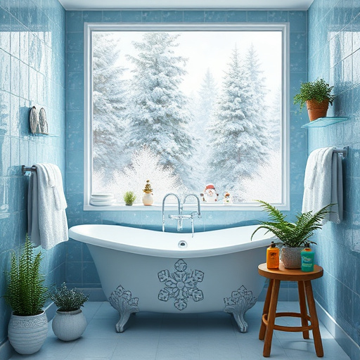 Alt Text: A beautifully remodeled bathroom featuring a sleek, minimalist freestanding bathtub with a vintage brass faucet, surrounded by warm-toned tiles that enhance the inviting atmosphere. A small potted plant adds a touch of greenery next to the tub, while a charming DIY wooden shelf displays organized bath essentials and vintage-style toiletries. The scene includes quirky details like a whimsical rubber duck behind the tub and a framed upcycled mirror, reflecting the calming environment. Soft sunlight filters through a window, casting gentle shadows, with a color palette of soothing pastels and bold accents, creating a serene space that inspires affordable bathroom transformations.