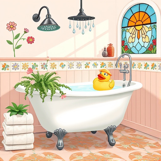 Alt text: A luxurious bathroom renovation blog cover image featuring a grand clawfoot bathtub adorned with gold accents and deep emerald green and royal blue hues. The shower area showcases intricately carved stone resembling a miniature palace with shimmering crystal droplets. Plush towels in gold and soft white surround the bathtub, while a whimsical rubber duck with a crown and a vintage soap dispenser shaped like a Baroque cherub add quirky personality. Above the sink, an ornate mirror reflects blooming orchids and flickering candlelight, enhancing the tranquil ambiance. Large windows illuminate the space with a warm golden glow, revealing a softly lit garden. The opulent decor includes damask wallpaper and glistening marble flooring, with a rich color palette of golds, greens, and whites, inviting readers to explore elegant bath renovation ideas.