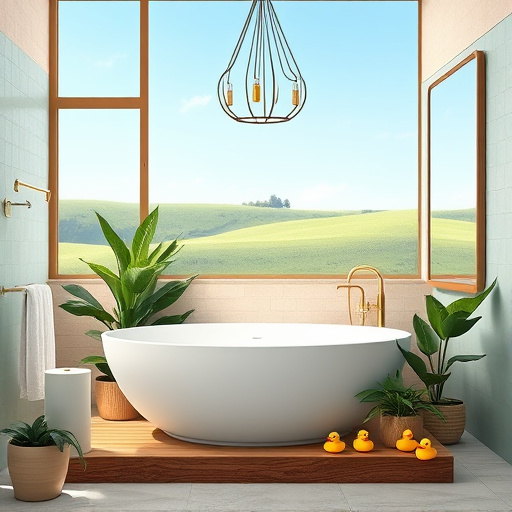 Alt Text: A vibrant and chaotic bathroom remodel scene featuring a blend of old and new elements. The walls display playful patterns with rusty, dripping paint and discolored patches hinting at water damage. Colorful tiles and whimsical fixtures create a colorful and inviting atmosphere. Fresh eco-friendly showers and stylish bathtubs suggest innovative designs amidst the chaos. Quirky details include a cheerful rubber duck nestled beside a stack of colorful towel rolls and a potted plant in a makeshift upcycled shower caddy. Soft, glowing light filters through fogged glass, enhancing the dreamy ambiance. The floor showcases a patchwork of mismatched tiles, each uniquely designed to represent creative remodeling ideas. The design embodies an 'ArtBrut' style with bold brush strokes and naive perspectives, using a calming color palette of soft blues and greens accented with vibrant yellows, oranges, and pinks, illustrating a playful, imaginative transformation of water-damaged spaces into creative havens.