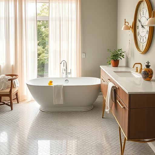 A luxurious contemporary bathroom remodel inspired by Versailles, Kentucky, featuring a spacious layout with an opulent freestanding bathtub highlighted by intricate gold accents. Surrounding the tub are plush, silky towels in rich emerald greens and soft creams. The walls are adorned with dramatic marble tiles that blend classical art influences with modern design elements. Above a stylish double vanity hangs a large, ornate mirror, bathed in ambient golden light, contributing to a warm and inviting ambiance. Whimsical touches include a playful plant with exaggerated leaves on the sink and a vintage lantern casting artistic shadows. Tall frosted windows allow soft natural light to filter in, reflecting a lush garden with hints of blooming flowers outside. The color scheme features soft pastels accented by gold, evoking serene luxury and tranquility. DigitalArt style showcases crisp lines and vivid textures, highlighting the smooth marble and the softness of plush rugs laid on a warm wooden floor, creating a captivating atmosphere ideal for a blog cover focused on exquisite bathroom design.