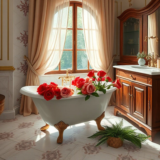 A luxurious bathroom showcases a vintage clawfoot bathtub overflowing with red and pink roses, set against delicate marble countertops. Intricate mosaic-patterned tiles adorn the floor, while a rustic wooden cabinet with ornate brass fixtures enhances the blend of modern and classic elegance. Soft, diffused light filters through a tall arched window draped in sheer fabric, casting gentle shadows across the serene space. Quirky elements, like whimsical seahorse-shaped soap dispensers and tiny floating candles, add playful touches. Lush greenery, including fern fronds and succulents, peeks from around the bathtub and counter, contributing organic charm. The color palette features rich greens, soft blushes, warm earth tones, and touches of gold and silver, creating a calming, indulgent atmosphere. This Pre-Raphaelite inspired setting emphasizes the beauty and potential of bathroom remodeling in Danville, Kentucky.