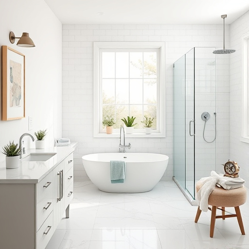 A photorealistic blog cover image featuring a beautifully remodeled bathroom that exemplifies the theme of "Affordable Bathroom Remodel in Richmond, Kentucky." The spacious layout includes a sleek freestanding bathtub positioned beside a large window, allowing natural light to fill the room. A stylish vanity made of reclaimed wood, topped with a contemporary sink, is adorned with unique pendant lighting for added character. The calming color palette of soft whites, muted greens, and warm wood tones creates a serene atmosphere. In the background, a glimpse of a picturesque tree line is visible through the window, connecting the space to Richmond. Quirky details add personality, such as a small potted succulent on the vanity and a rolled-up plush towel displayed on a shelf. An open magazine rests on the bathtub edge, featuring before-and-after photos of bathroom remodels. This inviting image balances elegance and accessibility, inspiring viewers to explore affordable bathroom makeover possibilities.