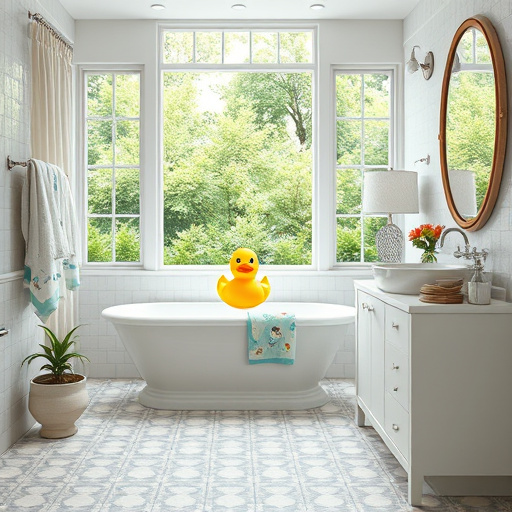 Alt Text: A blog cover image depicting a serene and welcoming bathroom renovated for ADA compliance. The setting features soft colors like gentle blues, greens, and warm neutrals. It showcases modern fixtures such as grab bars and accessible sinks, seamlessly integrated into elegant design elements. Playful touches include an oversized rubber ducky floating in a spacious tub and a whimsical shower curtain with abstract patterns of accessibility symbols. The background highlights large windows, allowing natural light and a view of a lush garden, symbolizing openness. The vibrant mosaic flooring hints at a nautical theme with subtle waves, complemented by quirky potted plants with smiling faces and a vintage scale with exaggerated figures. Soft-patterned towels and a stylish mirror enhance the cozy atmosphere, promoting the essence of accessible yet chic bathroom renovations.