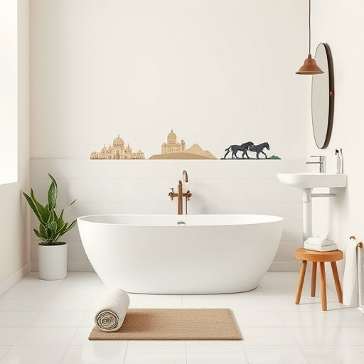 Alt text: A blog cover image illustrating trusted bathroom contractors in Frankfort, Kentucky. The design features a minimalist bathroom scene with a modern bathtub and an elegantly styled sink, complemented by decorative plants and neatly rolled towels, exuding warmth and professionalism. Whimsical tiles reflect local landmarks and nature motifs, such as rolling hills and horses, adding personality without overcrowding. The soft neutral background enhances the calming atmosphere, while a muted color palette of blues, greens, and beige promotes tranquility. This composition embodies reliability and craftsmanship in bathroom contracting, appealing to potential customers.