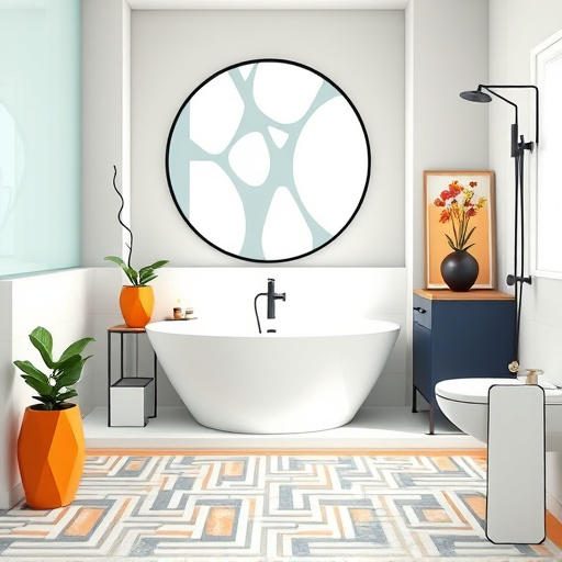 A serene and sophisticated bathroom scene showcasing a sleek, frameless walk-in shower with elegant glass panels reflecting soft light. The shower features minimalist rain showerheads and textured tiles in muted earthy tones, complemented by lush green plants for a spa-like atmosphere. Quirky details include a playful rubber duck peeking from a fern and a tiny bamboo plant atop a neatly folded towel, adding personality without human figures. In the background, a large round mirror reflects the shower and decor, enhancing openness. Minimalistic geometric shapes adorn the walls as art pieces, maintaining a clean, modern aesthetic while conveying warmth. This inviting setting elicits feelings of relaxation and inspiration for an upgraded bathroom sanctuary.