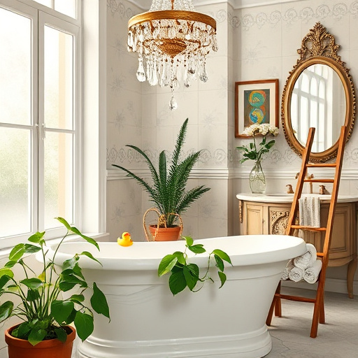 Luxurious bathroom in Eminence, Kentucky, featuring a spacious layout with elegant freestanding soaking tubs surrounded by lush green plants for a serene oasis. The bathing area includes sleek marble countertops adorned with delicate floral arrangements, while antique brass fixtures catch the gentle, natural light from a frosted window. Textured walls painted in vibrant blue and soft green hues reflect the spirit of Neo-Expressionism, enhancing the calming yet opulent atmosphere. A whimsical rubber duck in a tiny top hat sits on the tub's edge, complemented by fluffy, oversized towels folded on a vintage ladder. A rustic barn window offers a picturesque view of the verdant Kentucky landscape, blending luxury with nature. This retreat exudes comfort and stylish elegance, ideal for a blog cover on luxury bathroom remodeling.