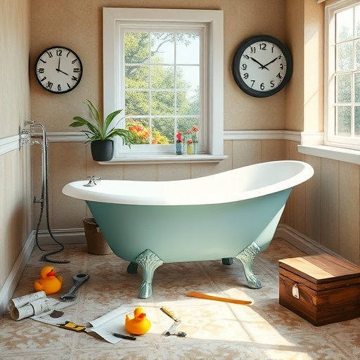 Alt Text: A partially renovated bathroom featuring a vintage clawfoot bathtub in soft white and pastel blue tones, surrounded by scattered tools like a wrench, blueprints, and a large toolbox. A playful rubber duck rests at the tub's edge, adding a whimsical touch. The walls reveal exposed pipes and fresh earth-toned paint patches, while a stylish wall clock with spinning hands symbolizes urgency. The chic patterned floor reflects Bardstown's historic charm. Sunlight filters through an open window adorned with local flowers, creating dappled shadows that enhance the ambiance. A framed photo of Bardstown landmarks is visible in the background, merging local culture with the current renovation scene. The color palette balances cool blues and greens with warm beige and brown tones, evoking a calm yet slightly chaotic atmosphere characteristic of emergency bathroom renovation services in Bardstown, Kentucky.