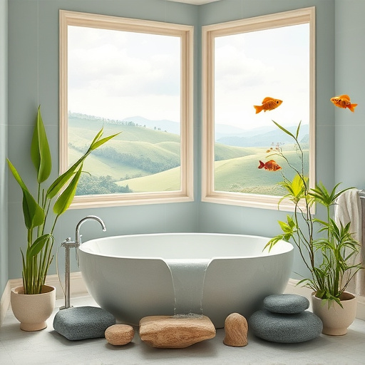 Alt Text: A Renaissance-style bathroom featuring a luxurious freestanding clawfoot tub with gold accents, complemented by a wooden vanity adorned with vintage toiletries. Vibrant herb pots add greenery, enhancing the fresh atmosphere. Playful vintage rubber ducks float in the tub, while a cracked mirror reflects warm candlelight. The intricately patterned tile mosaic on the floor suggests creative repurposing. Soft drapery allows golden light to stream through a window with potted plants, creating a serene, inviting space. The color palette includes earth tones, muted gold, and gentle greens, embodying affordable elegance and resourcefulness in design.
