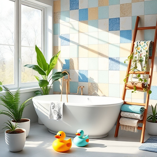 Alt text: A serene and minimalist bathroom featuring a modern freestanding bathtub at the center, surrounded by smooth, neutral-toned tiles. To the left is a sleek floating vanity in polished wood with minimalistic fixtures, while the right showcases a spacious walk-in shower enclosed in frosted glass with glistening water droplets. The calming atmosphere is enhanced by a soft color palette of whites, greens, and blues, complemented by decorative plants and artisanal soap dispensers. An artistic light fixture above the bathtub casts gentle shadows, and minimalistic shelving holds neatly rolled towels and essential oils. Natural light filters through a large window with sheer curtains, revealing a peaceful garden beyond, creating a harmonious indoor-outdoor connection and embodying the essence of sophisticated bathroom remodeling.
