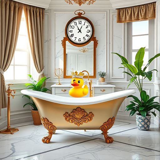 A beautifully transformed bathroom scene featuring a luxurious freestanding bathtub with elegant claw feet, surrounded by soft candlelight and potted indoor plants. The space is adorned with a mosaic of pastel tiles reflecting a serene ambiance, enhanced by natural light streaming through a frosted window. Modern fixtures, including a contemporary sink and sleek rain showerhead, contrast with vintage-style cabinetry showcasing intricate wood grain. The atmosphere is calm and inviting, evoking relaxation and rejuvenation. A whimsical twist includes a rubber duck wearing sunglasses on the tub's edge and a colorful, abstract shower curtain. In the background, a stylish vanity countertop displays elegant beauty products and fluffy towels in pastel pinks and muted greens, harmonizing with the overall aesthetic. The realistic art style highlights the textures of glossy tiles, rich woods, and soft fabrics, with a soothing color palette of blues and warm neutrals, embodying a spa-like retreat feel. This image represents bathroom remodeling services in Midway, Kentucky, blending professionalism with charm and creativity.