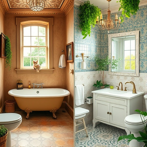 A captivating blog cover image shows a bathroom renovation transformation, split into two distinct scenes. The left side features a cozy, outdated bathroom with vintage tile flooring, an old claw-foot tub, and faded wallpaper in muted earthy tones, evoking nostalgia. In contrast, the right side showcases a modern bathroom with elegant fixtures, fresh bright colors, a sleek vanity with herbs, a glass shower featuring intricate tile work, and a delicate chandelier casting a warm glow. A whimsical detail includes a playful cat by the window, while amusing DIY tools like an oversized paintbrush and tiny squeegee symbolize the renovation spirit. The scene is surrounded by lush greenery spilling in through a slightly open window, adding freshness. The background displays rich, ornate wallpaper blending classic and modern elements, enhancing the contrast with a serene color palette of greens, soft blues, and energizing yellows, embodying a sense of calm and creativity in this inspirational journey of home improvement.