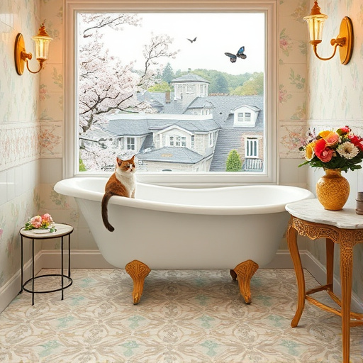 Alt text: A Renaissance art style illustration of a half bath transforming into a full bath, featuring an ornate freestanding bathtub illuminated by candlelight. The bathtub is surrounded by intricate mosaics showcasing aquatic themes and floral designs, enhancing a tranquil atmosphere. Lush greenery and climbing vines adorn the walls, reminiscent of ancient Roman baths. A whimsical rubber duck wearing a crown perches on the tub's edge, with an old-fashioned washboard leaning against the wall. Vintage-labeled toiletries are arranged on a marble sink next to an antique mirror reflecting steam. The soft pastel and earthy color palette includes gentle greens, warm golds, and serene blues, complemented by a window revealing a picturesque garden with sunlight casting shadows on the tiled floor. The composition exudes a professional yet inviting ambiance, perfect for illustrating the transformation of spaces into serene sanctuaries.