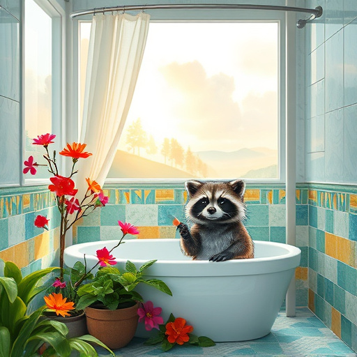 A vibrant and imaginative 'VisionaryArt' piece depicting a transformed bathroom as a serene oasis. The artwork features a beautifully designed space with a soaking tub surrounded by lush greenery and colorful flowers, merging indoor relaxation with nature. The walls are adorned with whimsical patterned tiles, adding a playful touch that highlights the fun in bathroom renovations. Soft, warm light filters through frosted glass windows, creating a calm atmosphere that promotes relaxation and self-care. A friendly, cartoonish raccoon peeks from behind a shower curtain, holding a tiny paintbrush, adding a quirky element to the renovation theme. The dreamy background includes abstract clouds and a refreshing color palette of soft blues, greens, and sunny yellows, inspiring creativity in home decor. This unique cover image blends practicality with whimsy, capturing the essence of one-day bathroom renovation services and inviting viewers to explore further.