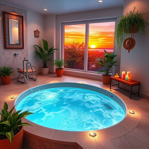 A luxurious home bathroom featuring a beautifully remodeled jacuzzi bath as the centerpiece, surrounded by smooth stone tiles and elegant glass elements. The jacuzzi is filled with bubbling water that reflects soft, calming LED lights in shades of blue and white. Lush greenery, including potted plants and hanging ferns, enhances the serene atmosphere. Modern fixtures such as a sleek waterfall showerhead and shiny towel racks contribute to the contemporary design. An assortment of colorful bath bombs and scented candles is artistically arranged on a nearby shelf, suggesting a relaxing spa experience. The walls are painted in soft pastel colors, creating a calm ambiance, while playful details like a tiny rubber ducky and a sun hat on a spa chair add a whimsical touch. A frosted window reveals a vibrant sunset, casting warm light throughout the space and emphasizing the tranquil mood. This hyperrealistic image serves as an inspiring visual for home remodeling ideas, blending opulence with playful elements.